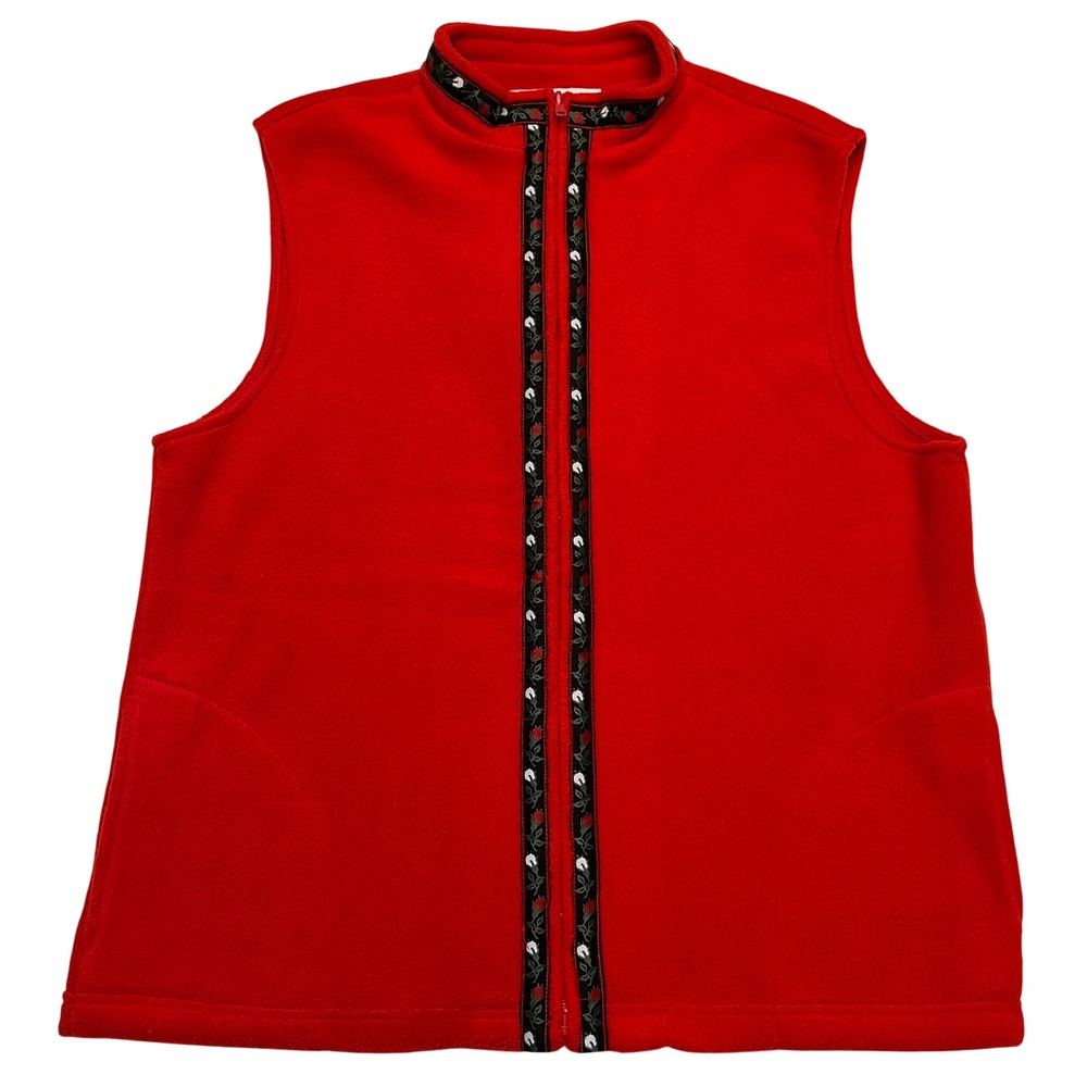 Simply Susan Red Fleece Folk Scandinavian Style Full Zip Floral Trim Vest Size M
